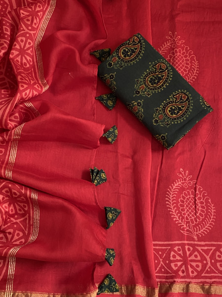 RED HAND BLOCK PRINT CHANDERI SILK COTTON SARI