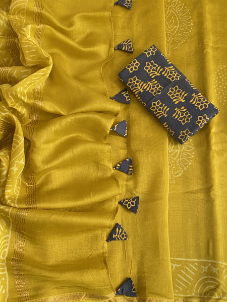 YELLOW HAND BLOCK PRINT CHANDERI SILK COTTON SARI