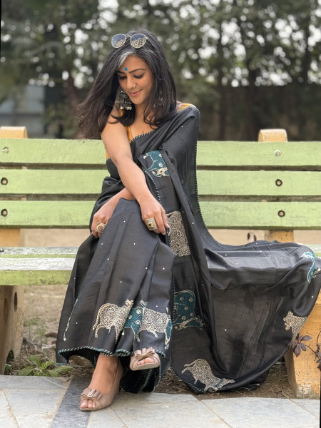 BLACK TUSSAR SILK HAND EMBROIDERED SARI