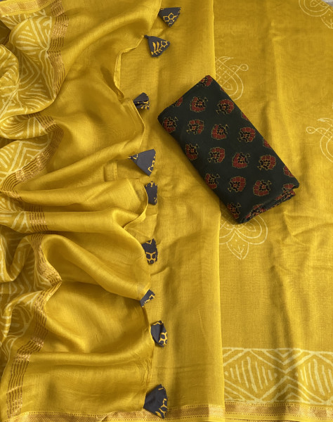 YELLOW HAND BLOCK PRINT CHANDERI SILK COTTON SARI