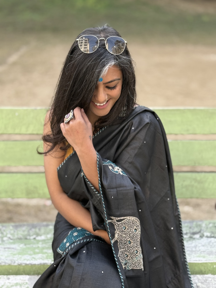 Image of BLACK TUSSAR SILK HAND EMBROIDERED SARI