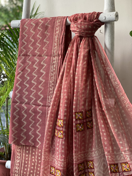 RUST HAND BLOCK PRINT KOTA  EMBROIDERED DUPATTA SET