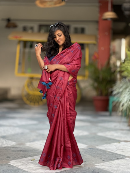 MAROON TUSSAR SILK EMBROIDERED SARI