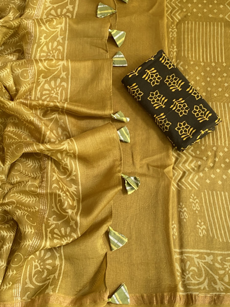 LIME HAND BLOCK PRINT CHANDERI SILK COTTON SARI
