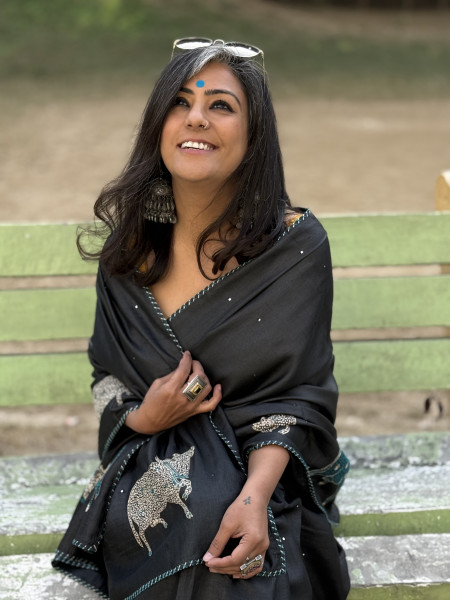 BLACK TUSSAR SILK HAND EMBROIDERED SARI