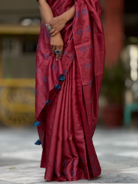MAROON TUSSAR SILK EMBROIDERED SARI
