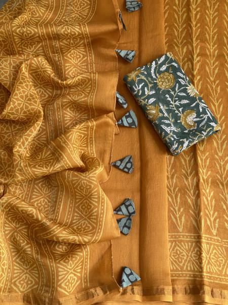 MUSTARD YELLOW HAND BLOCK PRINT CHANDERI SILK COTTON SARI