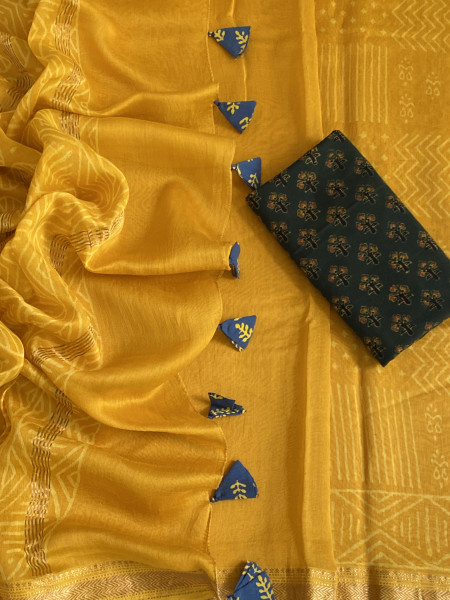 MUSTARD YELLOW HAND BLOCK PRINT CHANDERI SILK COTTON SARI