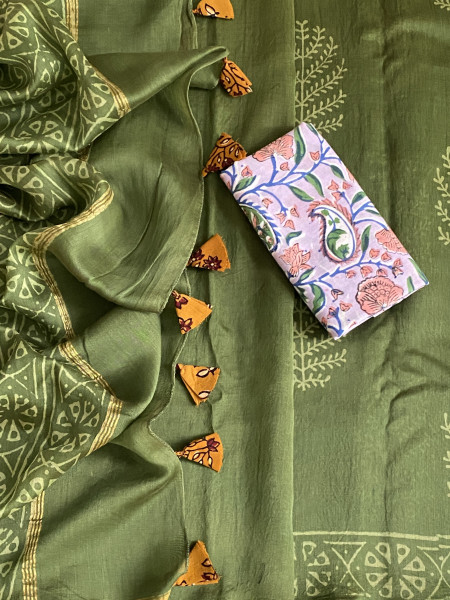 GREEN HAND BLOCK PRINT CHANDERI SILK COTTON SARI