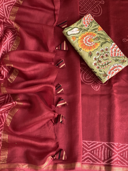 MAROON HAND BLOCK PRINT CHANDERI SILK COTTON SARI