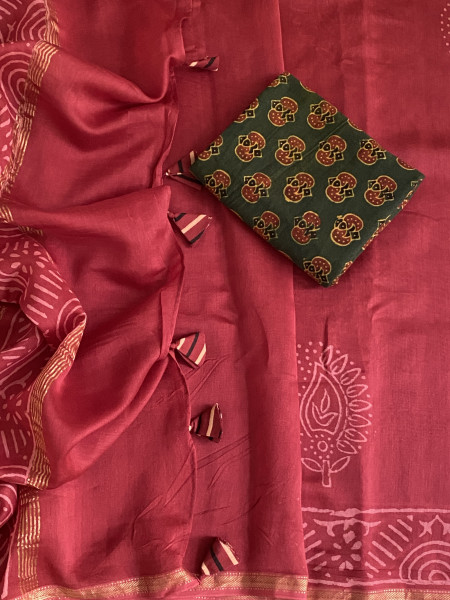 MAROON HAND BLOCK PRINT CHANDERI SILK COTTON SARI