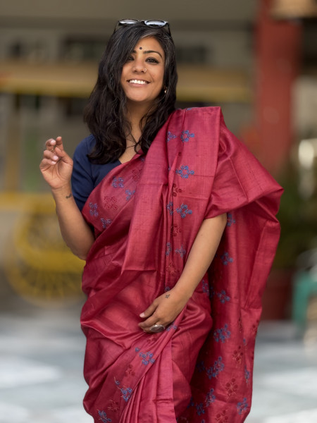 MAROON TUSSAR SILK EMBROIDERED SARI