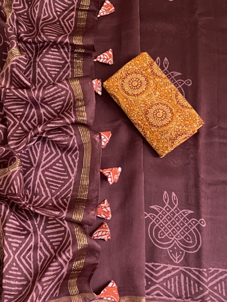 CHERRY HAND BLOCK PRINT CHANDERI SILK COTTON SARI