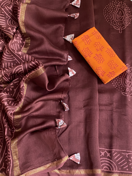 CHERRY HAND BLOCK PRINT CHANDERI SILK COTTON SARI