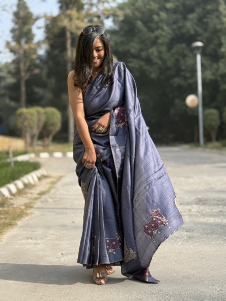 GREY TUSSAR SILK HAND EMBROIDERED SARI