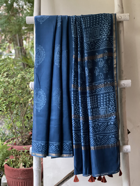 PEACOCK BLUE HAND BLOCK PRINT CHANDERI SILK COTTON SARI
