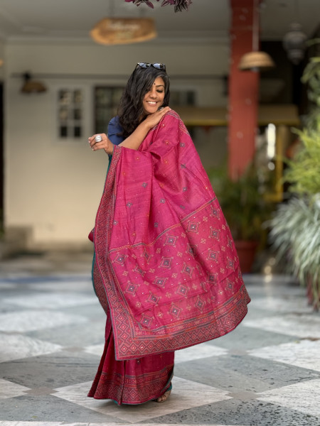 MAGENTA TUSSAR SILK EMBROIDERED SARI