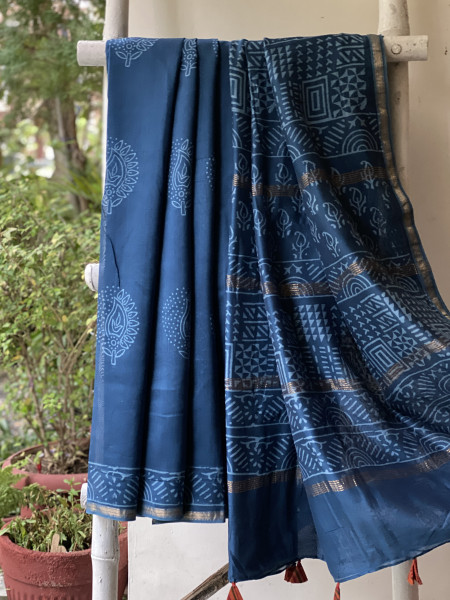 PEACOCK BLUE HAND BLOCK PRINT CHANDERI SILK COTTON SARI