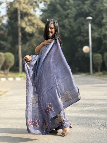 GREY TUSSAR SILK HAND EMBROIDERED SARI