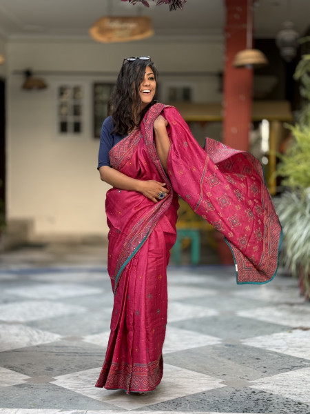 MAGENTA TUSSAR SILK EMBROIDERED SARI