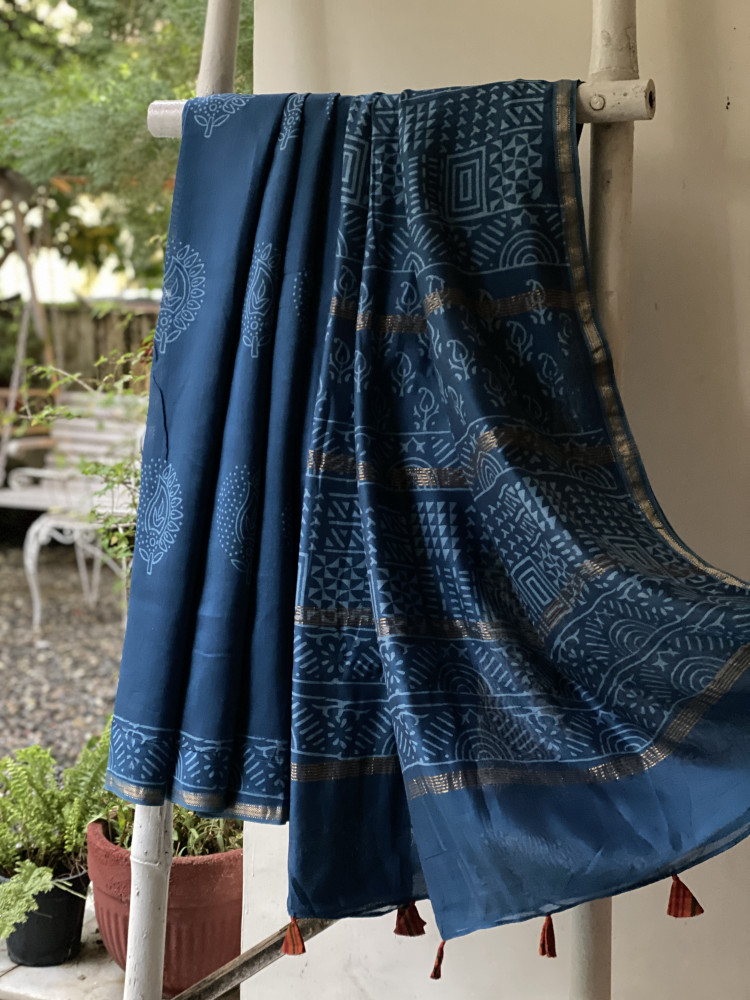Image of PEACOCK BLUE HAND BLOCK PRINT CHANDERI SILK COTTON SARI