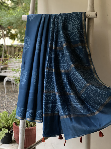 PEACOCK BLUE HAND BLOCK PRINT CHANDERI SILK COTTON SARI