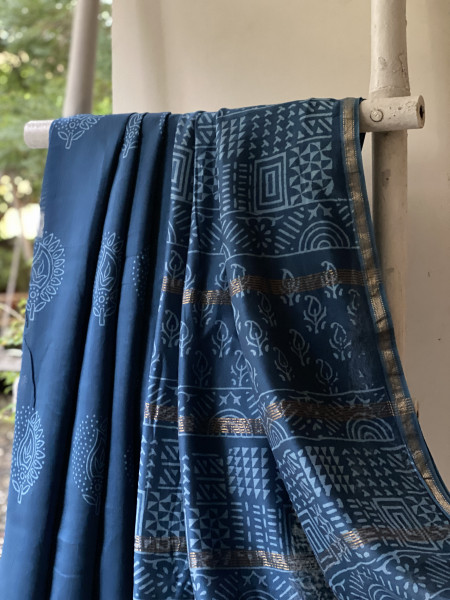 PEACOCK BLUE HAND BLOCK PRINT CHANDERI SILK COTTON SARI