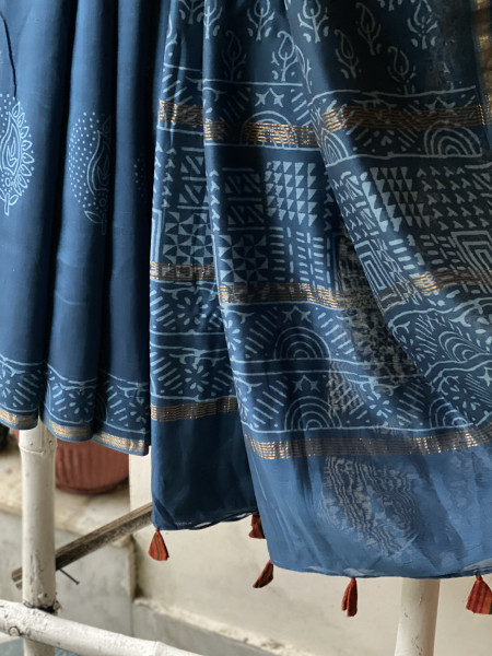 PEACOCK BLUE HAND BLOCK PRINT CHANDERI SILK COTTON SARI