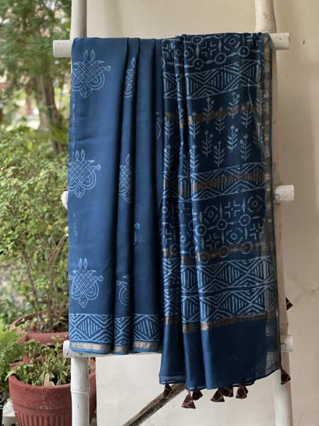 PEACOCK BLUE HAND BLOCK PRINT CHANDERI SILK COTTON SARI