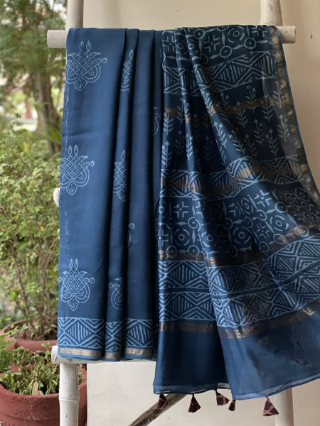 PEACOCK BLUE HAND BLOCK PRINT CHANDERI SILK COTTON SARI