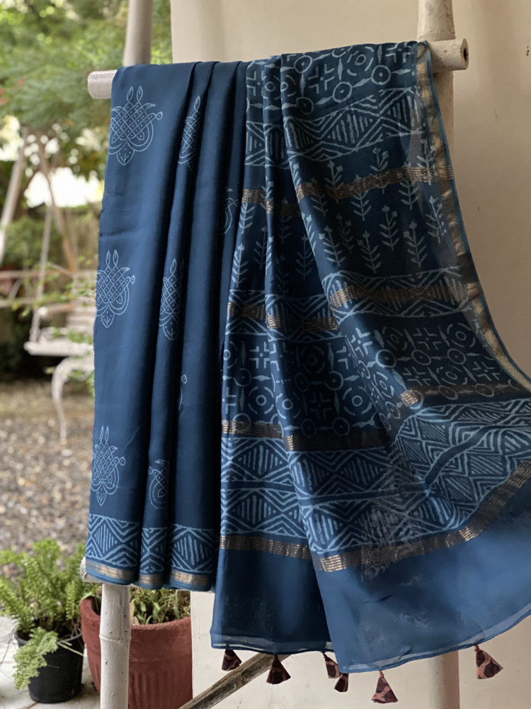 Image of PEACOCK BLUE HAND BLOCK PRINT CHANDERI SILK COTTON SARI