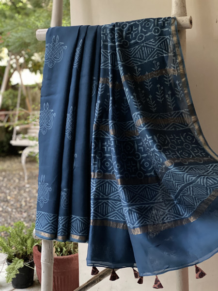 PEACOCK BLUE HAND BLOCK PRINT CHANDERI SILK COTTON SARI