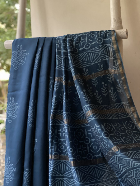 PEACOCK BLUE HAND BLOCK PRINT CHANDERI SILK COTTON SARI