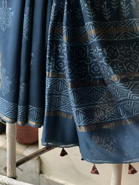 PEACOCK BLUE HAND BLOCK PRINT CHANDERI SILK COTTON SARI