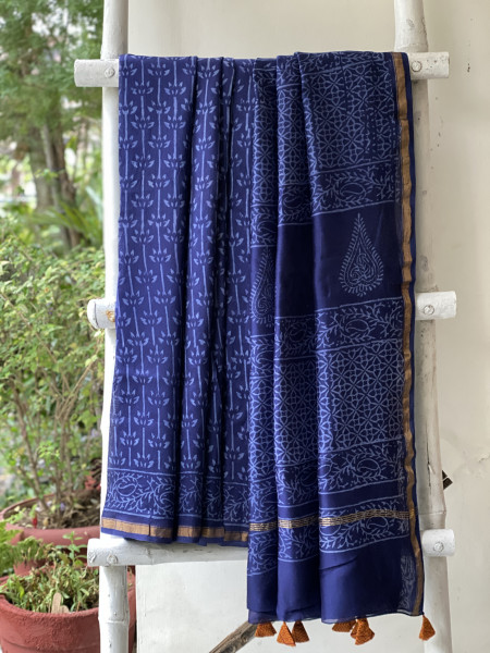 INDIGO HAND BLOCK PRINT CHANDERI SILK COTTON SARI