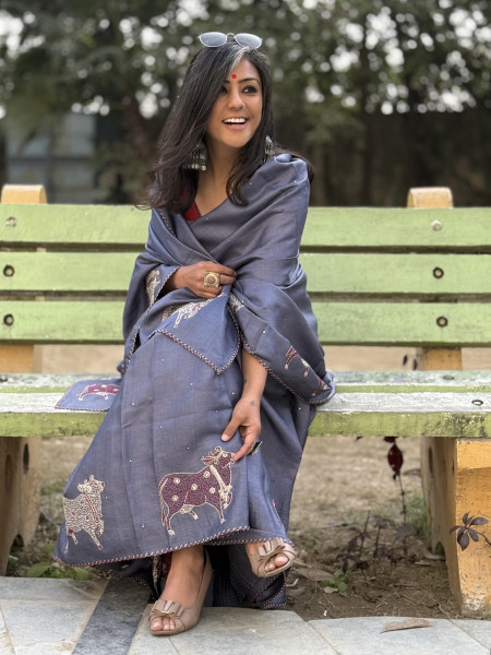 GREY TUSSAR SILK HAND EMBROIDERED SARI