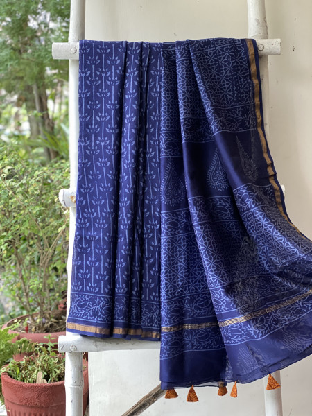 INDIGO HAND BLOCK PRINT CHANDERI SILK COTTON SARI