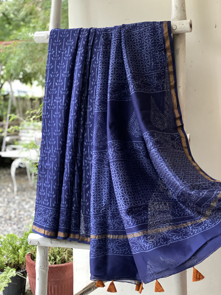 Image of INDIGO HAND BLOCK PRINT CHANDERI SILK COTTON SARI