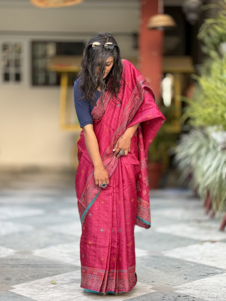 MAGENTA TUSSAR SILK EMBROIDERED SARI