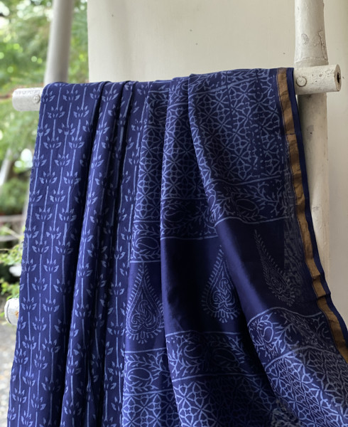 INDIGO HAND BLOCK PRINT CHANDERI SILK COTTON SARI