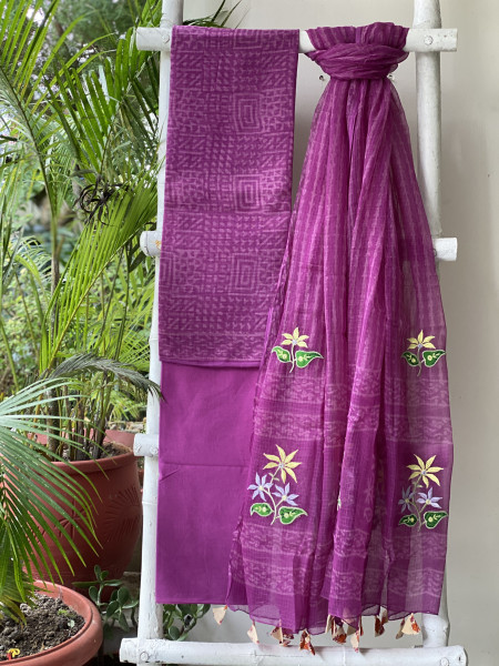 WINE HAND BLOCK PRINT KOTA  EMBROIDERED DUPATTA SET