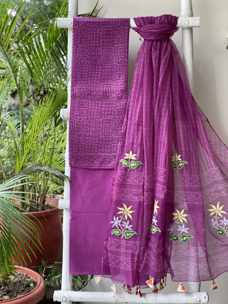 WINE HAND BLOCK PRINT KOTA  EMBROIDERED DUPATTA SET