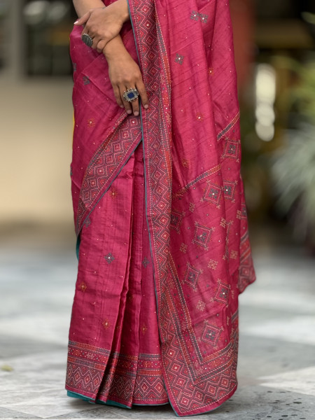 MAGENTA TUSSAR SILK EMBROIDERED SARI