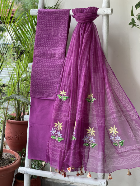 WINE HAND BLOCK PRINT KOTA  EMBROIDERED DUPATTA SET