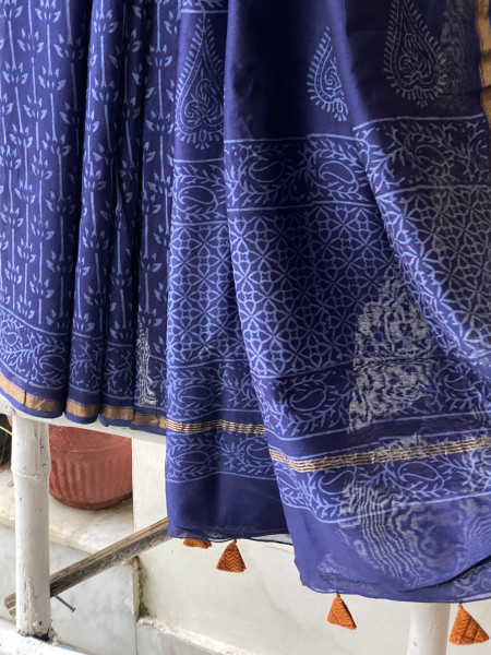 INDIGO HAND BLOCK PRINT CHANDERI SILK COTTON SARI