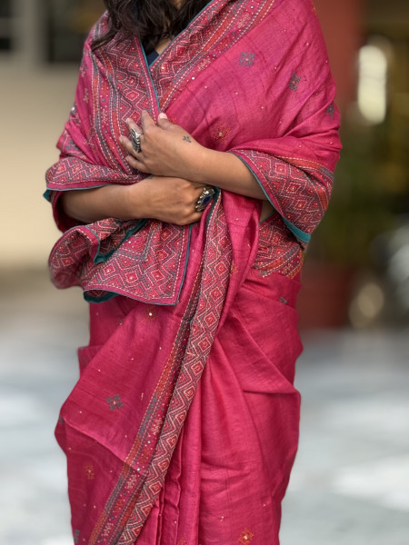 MAGENTA TUSSAR SILK EMBROIDERED SARI