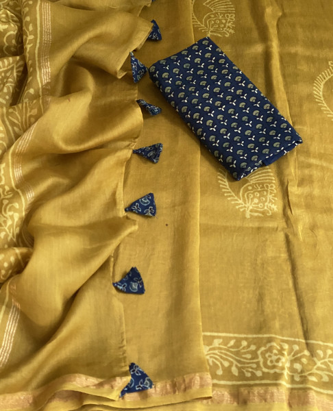 LIME HAND BLOCK PRINT CHANDERI SILK COTTON SARI