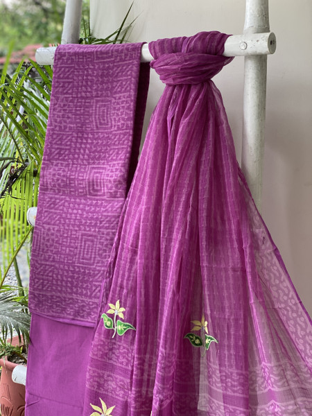 WINE HAND BLOCK PRINT KOTA  EMBROIDERED DUPATTA SET