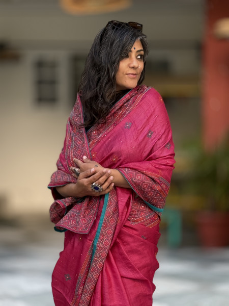 MAGENTA TUSSAR SILK EMBROIDERED SARI