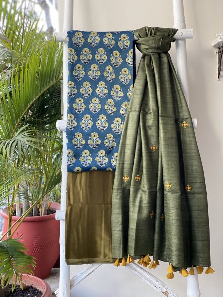 INDIGO-MEHNDI GREEN KATHIYA WOVEN SILK EMBROIDERED dupatta Set